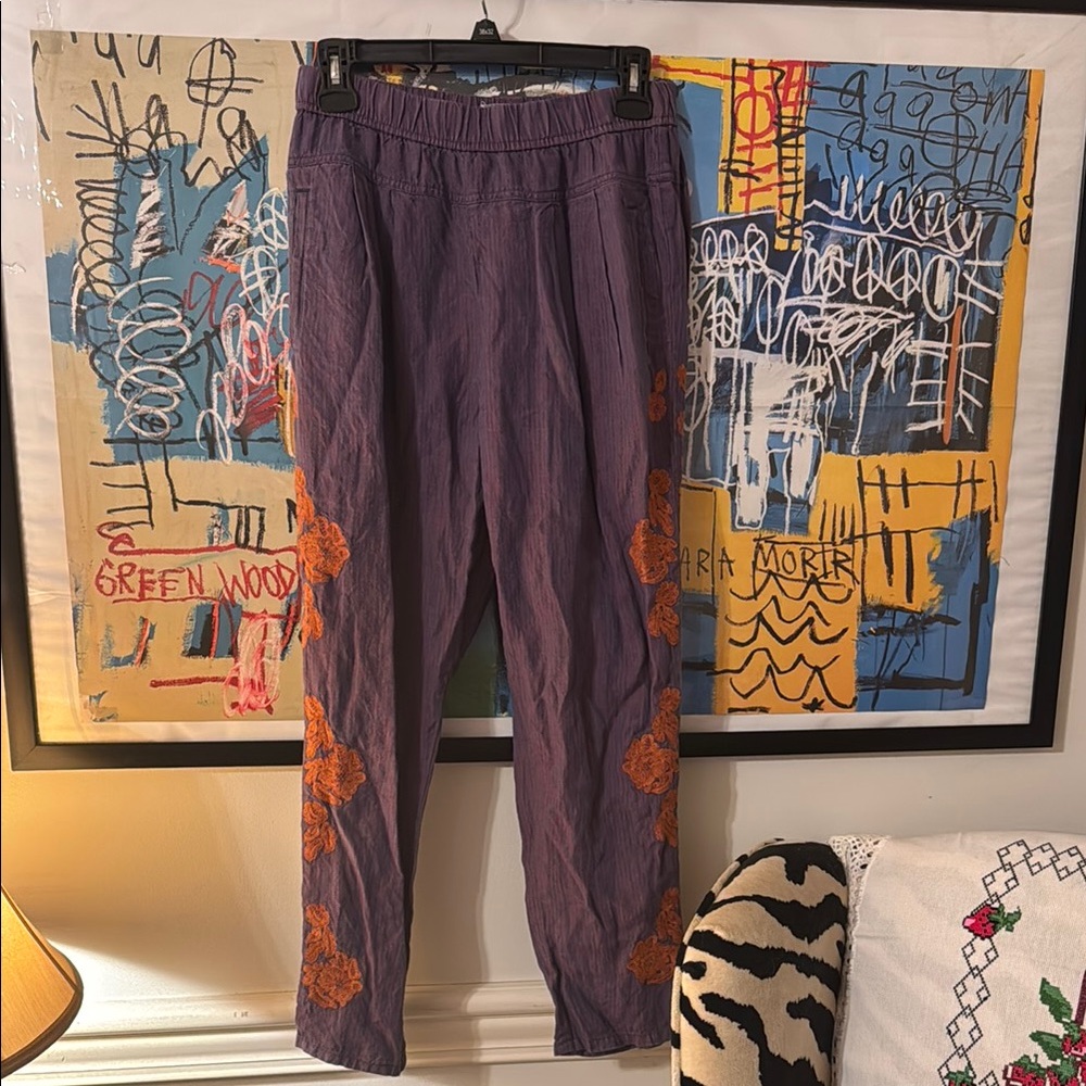Anthropologie Purple Straight Leg Pants with Orange Accents